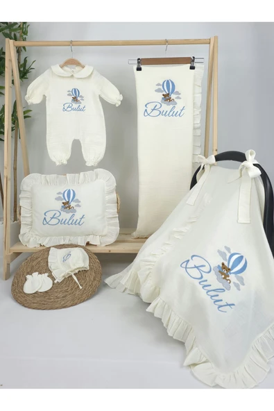 gros shop Müslin Yeni Doğan 4Katlı Organik %100Pamuk Kişiye Özgü Nakışlı Hastane Çıkış Seti (Ayıcık Model-3) - Resim 2