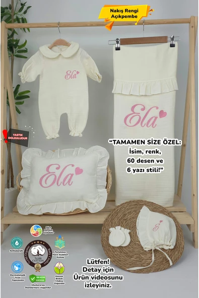 gros shop Müslin Yeni Doğan 4Katlı Organik %100Pamuk Kişiye Özgü Nakışlı Hastane Çıkış Seti (Kalpli Model-4) ürün görseli