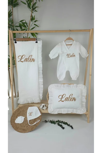 gros shop Müslin Yeni Doğan 4Katlı Organik %100Pamuk Kişiye Özgü Nakışlı Hastane Çıkış Seti-Papatya Model1 - Resim 2