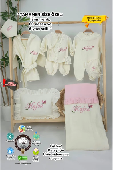 gros shop Müslin Yeni Doğan 4Katlı Organik %100Pamuk Kişiye Özgü Nakışlı Hastane Çıkış Seti(Kelebekli Papatya) ürün görseli