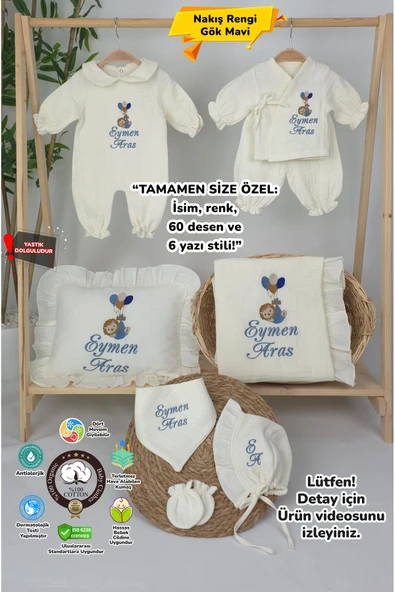 gros shop Müslin Yeni Doğan 4Katlı Organik %100Pamuk Kişiye Özgü Nakışlı Hastane Çıkış Seti (Balonlu Aslan-3) ürün görseli