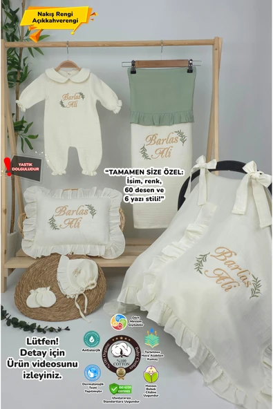 gros shop Müslin Yeni Doğan 4Katlı Organik %100Pamuk Kişiye Özgü Nakışlı Hastane Çıkış Seti (İki Dal Model-1) ürün görseli