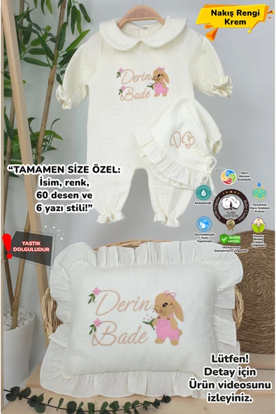 gros shop Müslin Yeni Doğan 4Katlı Organik %100Pamuk Kişiye Özgü Nakışlı Hastane Çıkış Seti(Tavşan Model-3) - 1