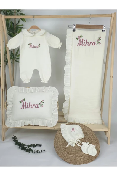 gros shop Müslin Yeni Doğan 4Katlı Organik %100Pamuk Kişiye Özgü Nakışlı Hastane Çıkış Seti (Güllü Mode-3) - Resim 2