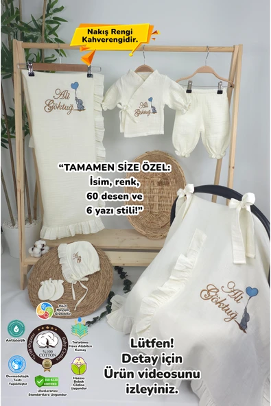 gros shop Müslin Yeni Doğan 4Katlı Organik %100Pamuk Kişiye Özgü Nakışlı Hastane Çıkış Seti-Kahverengi-Filli ürün görseli
