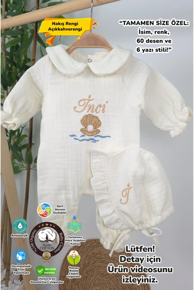 gros shop Müslin Yeni Doğan 4Katlı Organik %100Pamuk Kişiye Özgü Nakışlı Hastane Çıkış Seti-İnci Model ürün görseli