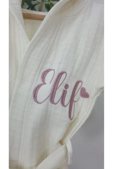 gros shop Müslin Yeni Doğan 4Katlı Organik %100Pamuk Kişiye Özgü Nakışlı Kalpli Bornoz (0-2 Yaş) - Resim 3