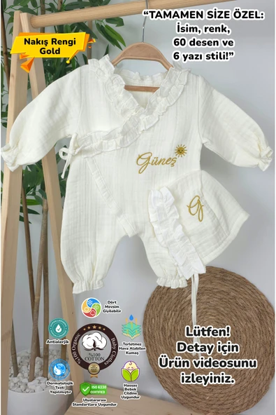 gros shop Müslin Yeni Doğan 4Katlı Organik %100Pamuk Kişiye Özgü Nakışlı Hastane Çıkış Seti (Güneş Model-2) ürün görseli