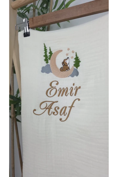 gros shop Müslin Yeni Doğan 4Katlı Organik %100Pamuk Kişiye Özgü Nakışlı Hastane Çıkış Seti (Kurt Model-1) - Resim 4