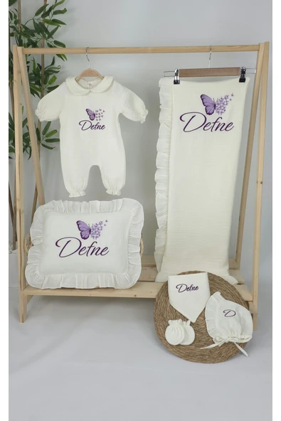 gros shop Müslin Yeni Doğan 4Katlı Organik %100Pamuk Kişiye Özgü Nakışlı Hastane Çıkış Seti-Çoklu Kelebek - Resim 2