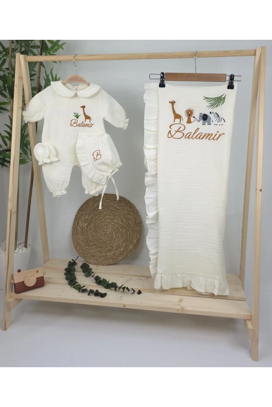 gros shop Müslin Yeni Doğan 4Katlı Organik %100Pamuk Kişiye Özgü Nakışlı Hastane Çıkış Seti-Safari Model - Resim 2