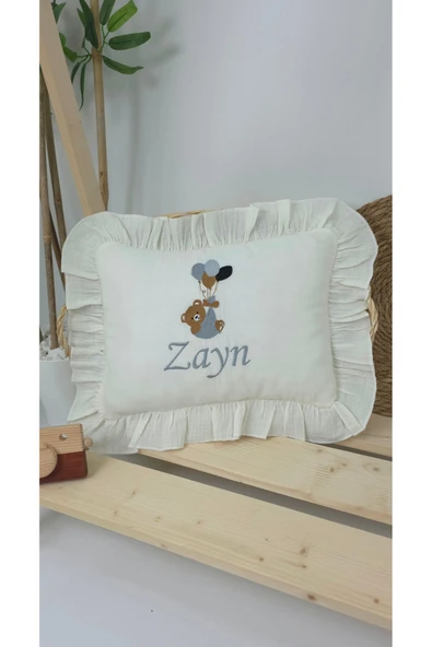gros shop Müslin Yeni Doğan 4Katlı Organik %100Pamuk Kişiye Özgü Nakışlı Hastane Çıkış Seti (Balonlu Ayıcık-2) - 2