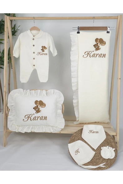 gros shop Müslin Yeni Doğan 4Katlı Organik %100Pamuk Kişiye Özgü Nakışlı Hastane Çıkış Seti (Ayıcık Model-6) - 2