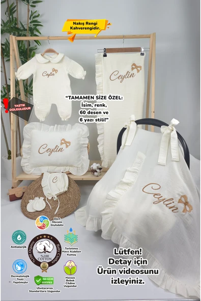 gros shop Müslin Yeni Doğan 4Katlı Organik %100Pamuk Kişiye Özgü Nakışlı Hastane Çıkış Seti-Kurdele Model ürün görseli