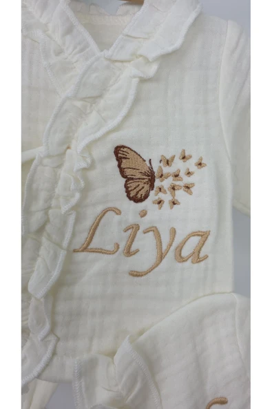 gros shop Müslin Yeni Doğan 4Katlı Organik %100Pamuk Kişiye Özgü Nakışlı Hastane Çıkış Seti-Çoklu Kelebek-2 - Resim 4