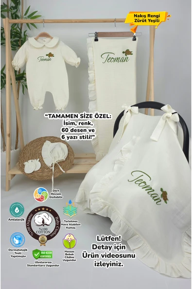 gros shop Müslin Yeni Doğan 4Katlı Organik %100Pamuk Kişiye Özgü Nakışlı Hastane Çıkış Seti (Kablunbağa Model) ürün görseli