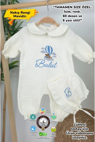 gros shop Müslin Yeni Doğan 4Katlı Organik %100Pamuk Kişiye Özgü Nakışlı Hastane Çıkış Seti (Ayıcık Model-3) ürün görseli