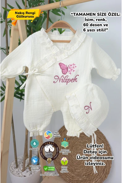 gros shop Müslin Yeni Doğan 4Katlı Organik %100Pamuk Kişiye Özgü Nakışlı Hastane Çıkış Seti (Çoklu Kelebek-2) ürün görseli