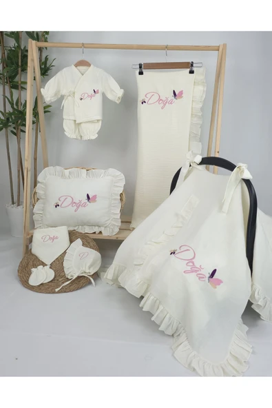 gros shop Müslin Yeni Doğan 4Katlı Organik %100Pamuk Kişiye Özgü Nakışlı Hastane Çıkış Seti (Kelebek Model-1) - Resim 2