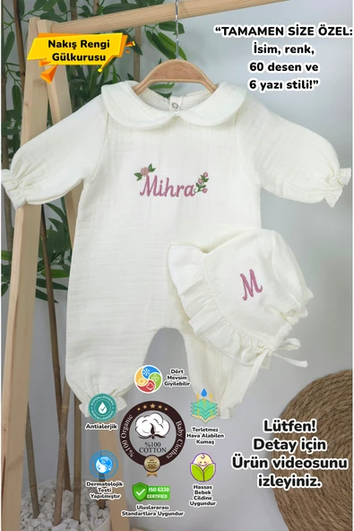 gros shop Müslin Yeni Doğan 4Katlı Organik %100Pamuk Kişiye Özgü Nakışlı Hastane Çıkış Seti- Güllü Model-1 ürün görseli