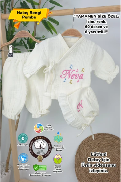 gros shop Müslin Yeni Doğan 4Katlı Organik %100Pamuk Kişiye Özgü Nakışlı Hastane Çıkış Seti (Nota Model) ürün görseli