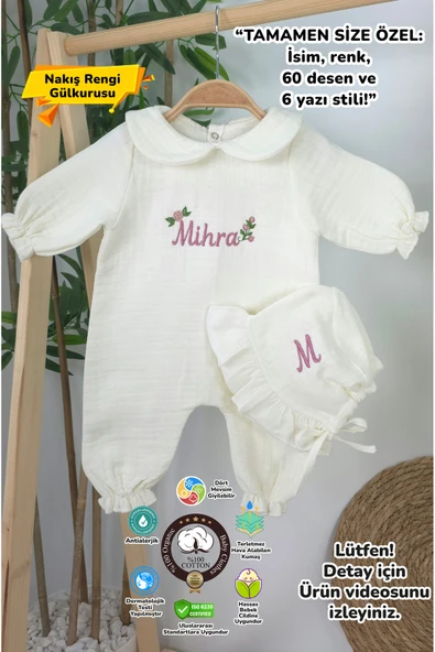 gros shop Müslin Yeni Doğan 4Katlı Organik %100Pamuk Kişiye Özgü Nakışlı Hastane Çıkış Seti (Güllü Mode-3) ürün görseli