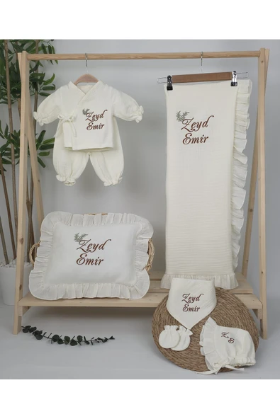 gros shop Müslin Yeni Doğan 4Katlı Organik %100Pamuk Kişiye Özgü Nakışlı Hastane Çıkış Seti(İkili Dal Model-5) - 2