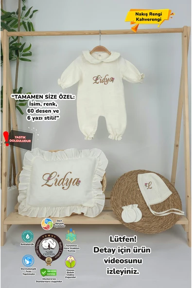 gros shop Müslin Yeni Doğan 4Katlı Organik %100Pamuk Kişiye Özgü Nakışlı Hastane Çıkış Seti (Papatya Model-9) - 1