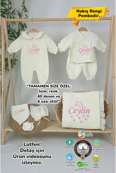 gros shop Müslin Yeni Doğan 4Katlı Organik %100Pamuk Kişiye Özgü Nakışlı Hastane Çıkış Seti (Kedi Patisi) ürün görseli