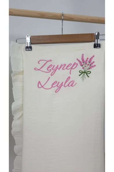 gros shop Müslin Yeni Doğan 4Katlı Organik %100Pamuk Kişiye Özgü Nakışlı Hastane Çıkış Seti (Lavanta Model-2) - Resim 3