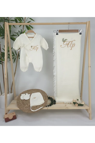 gros shop Müslin Yeni Doğan 4Katlı Organik %100Pamuk Kişiye Özgü Nakışlı Hastane Çıkış Seti(İki Dallı Model-4) - Resim 2