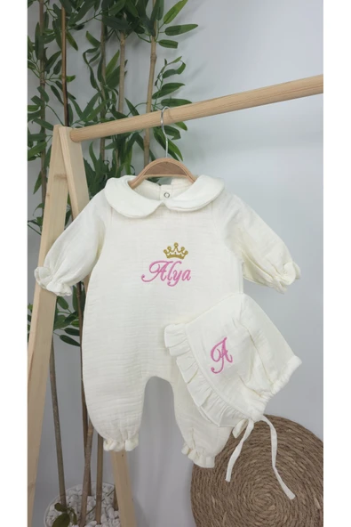 gros shop Müslin Yeni Doğan 4Katlı Organik %100Pamuk Kişiye Özgü Nakışlı Hastane Çıkış Seti-Taçlı Gold - Resim 4