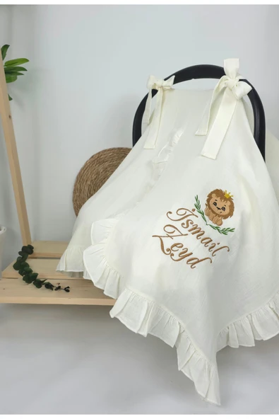 gros shop Müslin Yeni Doğan 4Katlı Organik %100Pamuk Kişiye Özgü Nakışlı Hastane Çıkış Seti (Aslan Model-2) ürün görseli