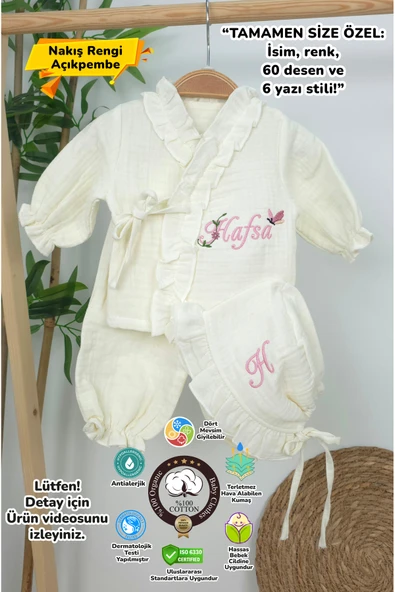 gros shop Müslin Yeni Doğan 4Katlı Organik %100Pamuk Kişiye Özgü Nakışlı Hastane Çıkış Seti(Kelebekli Papatya) ürün görseli