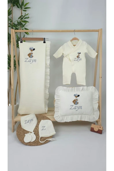 gros shop Müslin Yeni Doğan 4Katlı Organik %100Pamuk Kişiye Özgü Nakışlı Hastane Çıkış Seti (Balonlu Ayıcık-2) - Resim 2