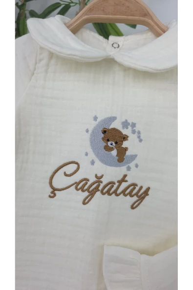 gros shop Müslin Yeni Doğan 4Katlı Organik %100Pamuk Kişiye Özgü Nakışlı Hastane Çıkış Seti (Ayıcık Model 4) - 3