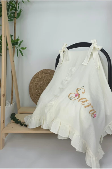 gros shop Müslin Yeni Doğan 4Katlı Organik %100Pamuk Kişiye Özgü Nakışlı Hastane Çıkış Seti (Papatya Model-13) - Resim 2