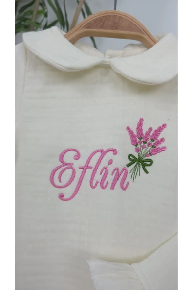 gros shop Müslin Yeni Doğan 4Katlı Organik %100Pamuk Kişiye Özgü Nakışlı Hastane Çıkış Seti (Lavanta Modeli) - 3