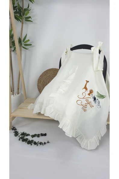 gros shop Müslin Yeni Doğan 4Katlı Organik %100Pamuk Kişiye Özgü Nakışlı Hastane Çıkış Seti (Safari Model-3) - Resim 4