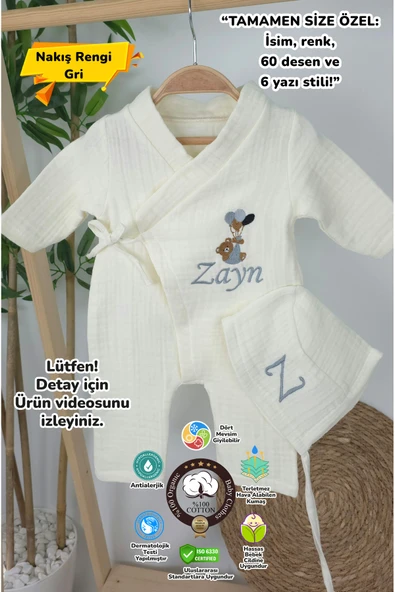 gros shop Müslin Yeni Doğan 4Katlı Organik %100Pamuk Kişiye Özgü Nakışlı Hastane Çıkış Seti (Balonlu Ayıcık-2) ürün görseli