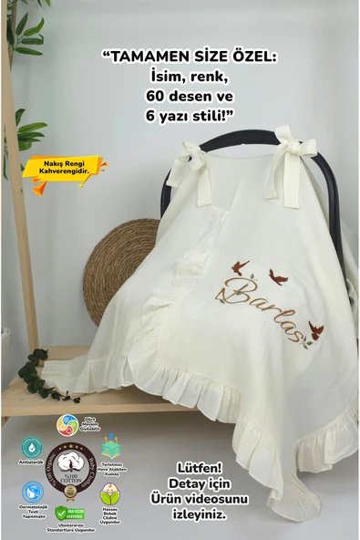 gros shop Müslin Yeni Doğan 4Katlı Organik %100Pamuk Kişiye Özgü Nakışlı Hastane Çıkış Seti(3'lü Kelebk Model) ürün görseli