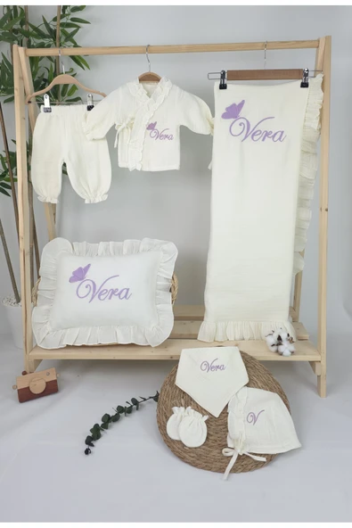 gros shop - Müslin Yeni Doğan 4Katlı Organik %100Pamuk Kişiye Özgü Nakışlı Hastane Çıkış Seti(Tekli Kelebek-1) - Resim 2