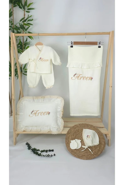 gros shop Müslin Yeni Doğan 4Katlı Organik %100Pamuk Kişiye Özgü Nakışlı Hastane Çıkış Seti-Papatya - Resim 2