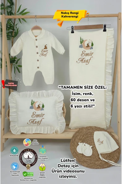 gros shop Müslin Yeni Doğan 4Katlı Organik %100Pamuk Kişiye Özgü Nakışlı Hastane Çıkış Seti (Kurt Model-1) ürün görseli