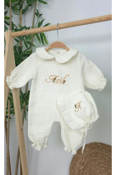 gros shop Müslin Yeni Doğan 4Katlı Organik %100Pamuk Kişiye Özgü Nakışlı Hastane Çıkış Seti (Papatya Model-3) - Resim 3