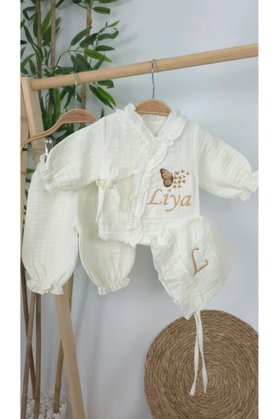 gros shop Müslin Yeni Doğan 4Katlı Organik %100Pamuk Kişiye Özgü Nakışlı Hastane Çıkış Seti-Çoklu Kelebek-2 - Resim 2