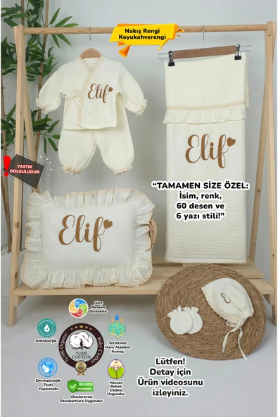 gros shop Müslin Yeni Doğan 4Katlı Organik %100Pamuk Kişiye Özgü Nakışlı Hastane Çıkış Seti (Kalpli Model-8) ürün görseli