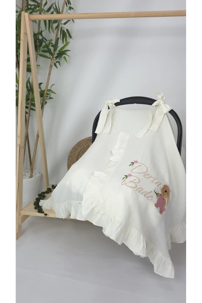 gros shop Müslin Yeni Doğan 4Katlı Organik %100Pamuk Kişiye Özgü Nakışlı Hastane Çıkış Seti(Tavşan Model-3) - Resim 3