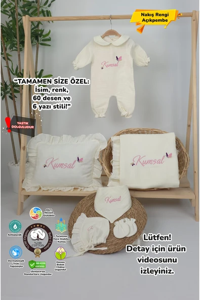 gros shop Müslin Yeni Doğan 4Katlı Organik %100Pamuk Kişiye Özgü Nakışlı Hastane Çıkış Seti (Kelebek Model-2) ürün görseli