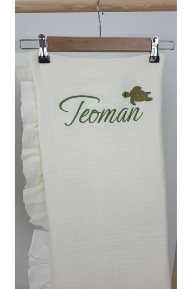 gros shop Müslin Yeni Doğan 4Katlı Organik %100Pamuk Kişiye Özgü Nakışlı Hastane Çıkış Seti (Kablunbağa Model) - Resim 4